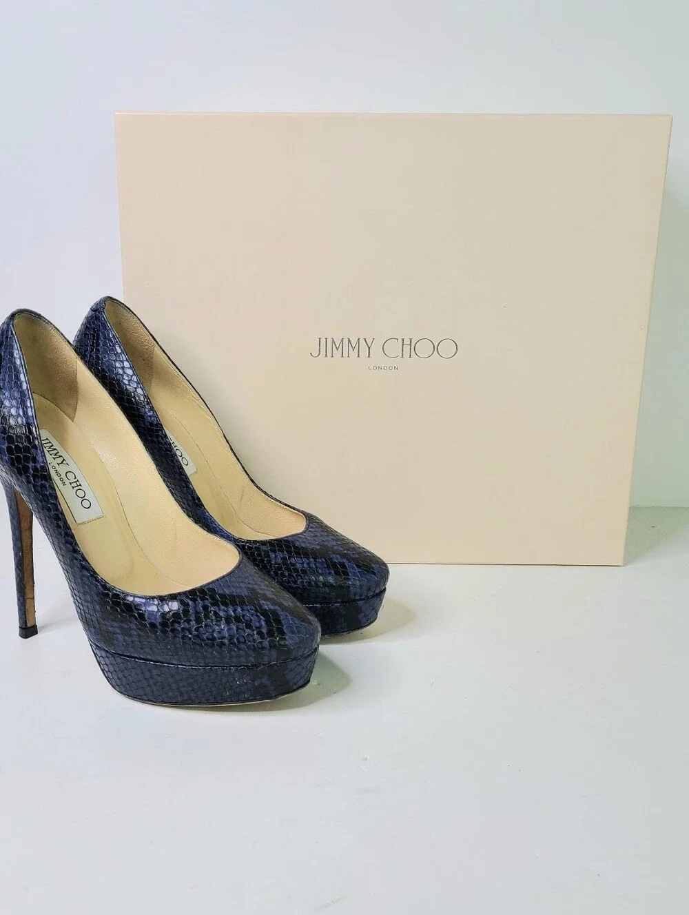 Jimmy Choo London Cosmic Navy Embossed Snakeskin Print Leather Platform Pumps